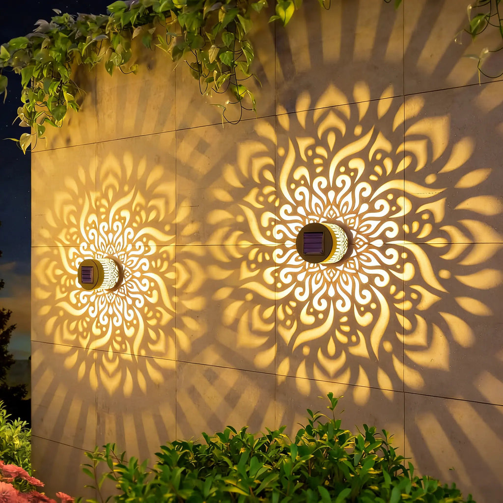 Illuminate Your Outdoors with 2/4 Packs of Color-Changing Solar Mandala Projection Wall Lights - Stunning Waterproof Metal Decor for Patios, Gardens, and Backyards