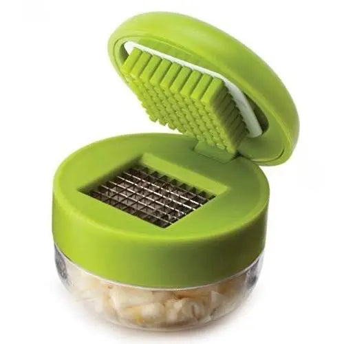Effortless Mini Garlic Chopper & Press – Manual Mincer with Storage Container, Durable Stainless Steel Blades, Ergonomic Grip in Vibrant Green