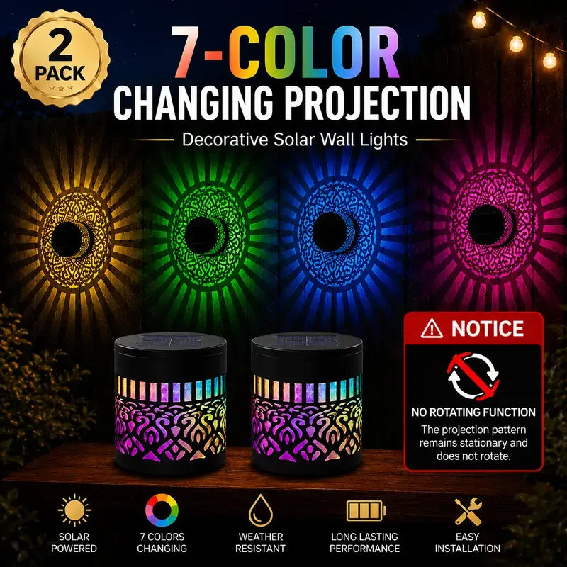 Illuminate Your Outdoors with 2/4 Packs of Color-Changing Solar Mandala Projection Wall Lights - Stunning Waterproof Metal Decor for Patios, Gardens, and Backyards